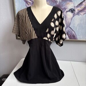 Gudrun Sjoden Women's S Black Tan Geometric Print Belted‎ V-Neck Short Sleeve